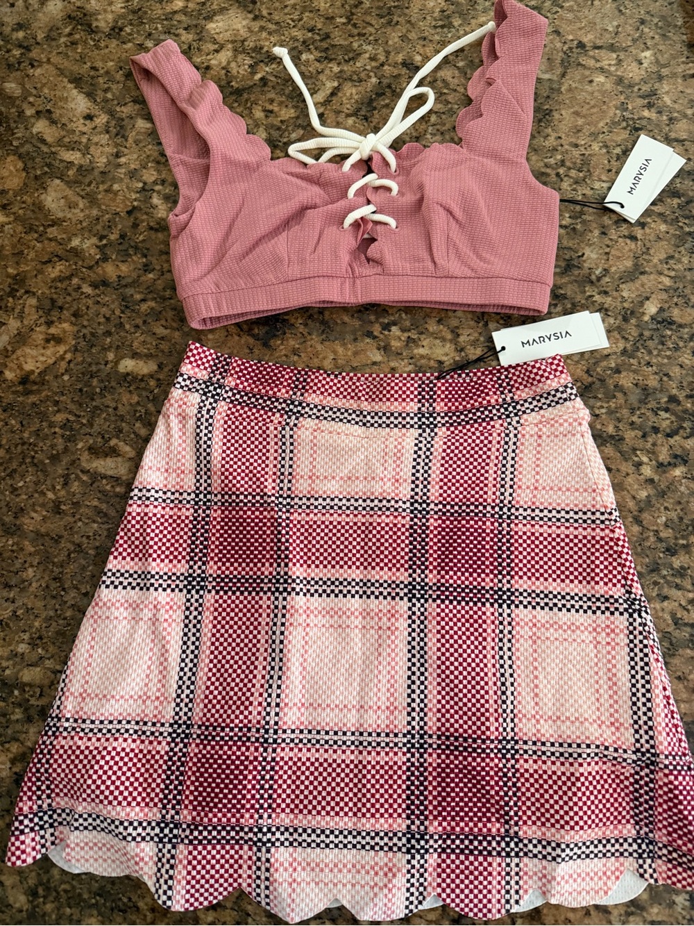 Marysia Swim set-Pink Plaid Scalloped A-Line Skirt and Scalloped Bikini Top